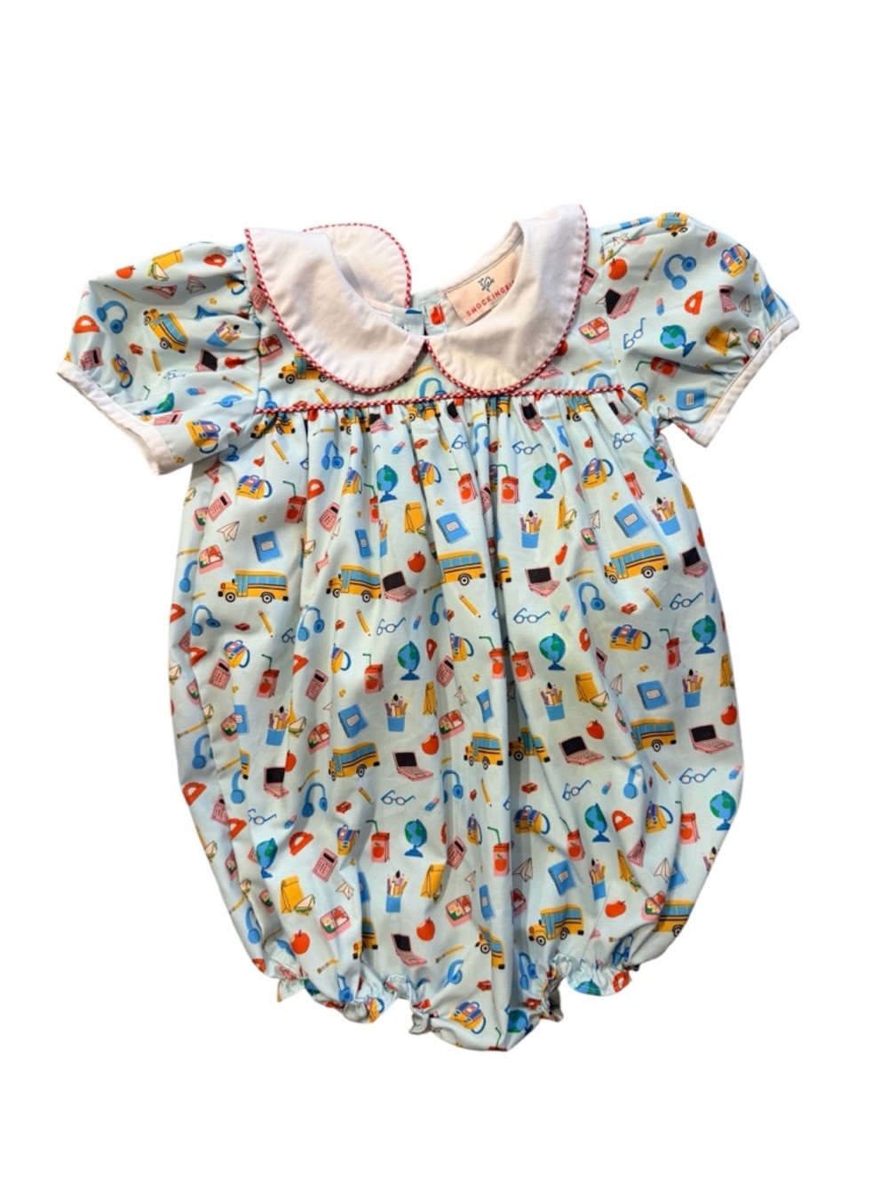 Light Blue School-Print Baby Bubble Romper with Peter Pan Collar